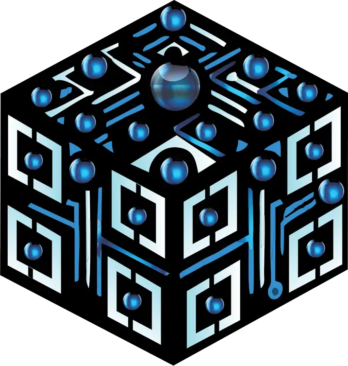 Geometric black cube with glowing blue spheres and circuit-like patterns, set against a white background. The design conveys a futuristic and technological atmosphere.